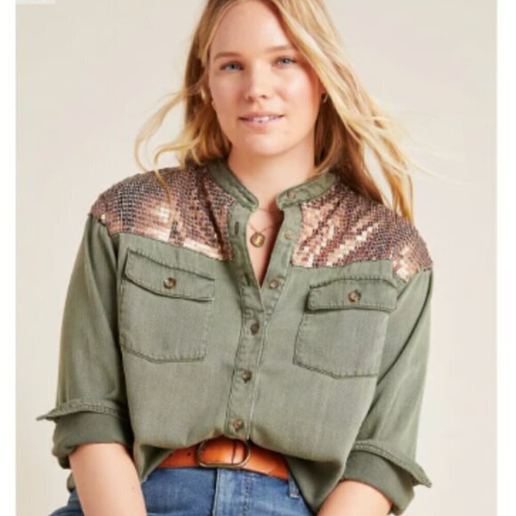 Anthropologie Olive Green Denim Button Down Shirt/Jacket Women’s Size 0 - Picture 13 of 13